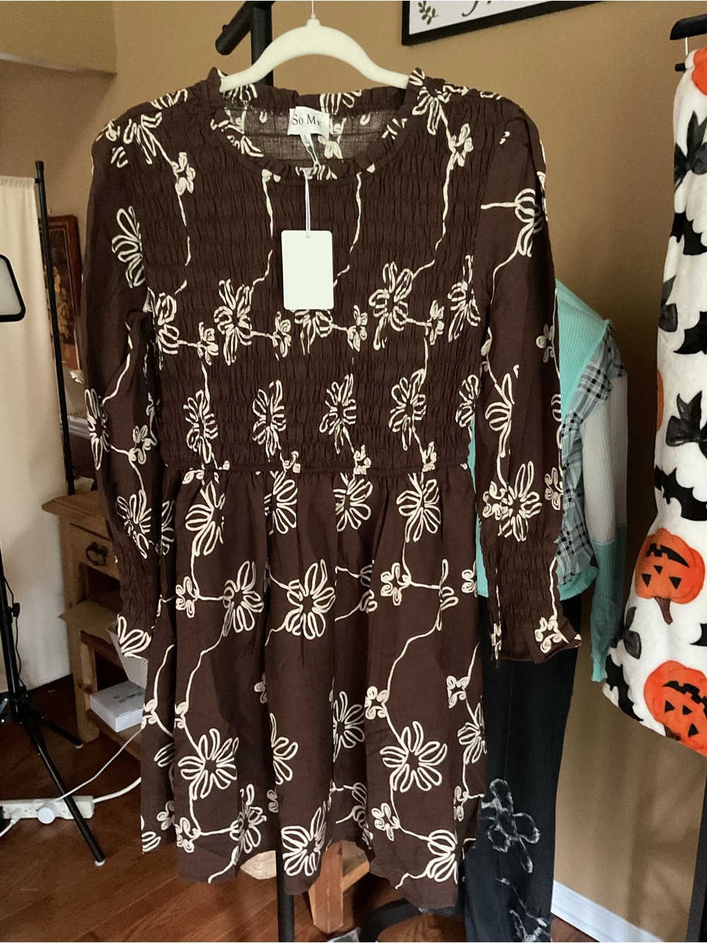 So Me Brown Floral Smocked-Waist Long Sleeve Dress